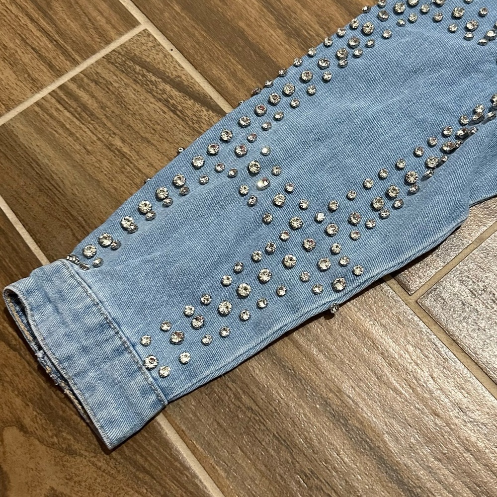 Rhinestone Studded Light Blue Denim Crop Jacket - Picture 5 of 8